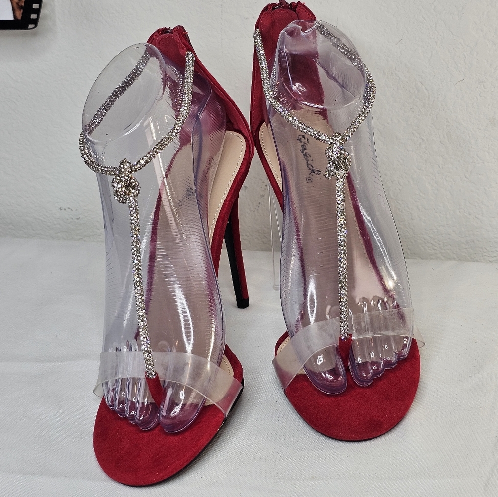 Qupid Red Heels With Rhinestone Ankle Rope, Women's Size 7 - Picture 2 of 10